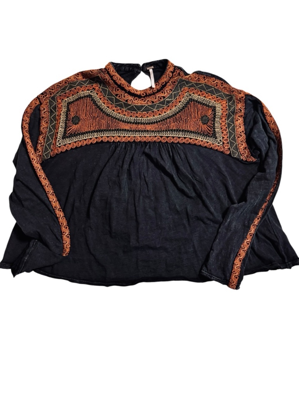 Free People Black Embroidered Boho Blouse Cropped Long Sleeve Keyhole Back XS